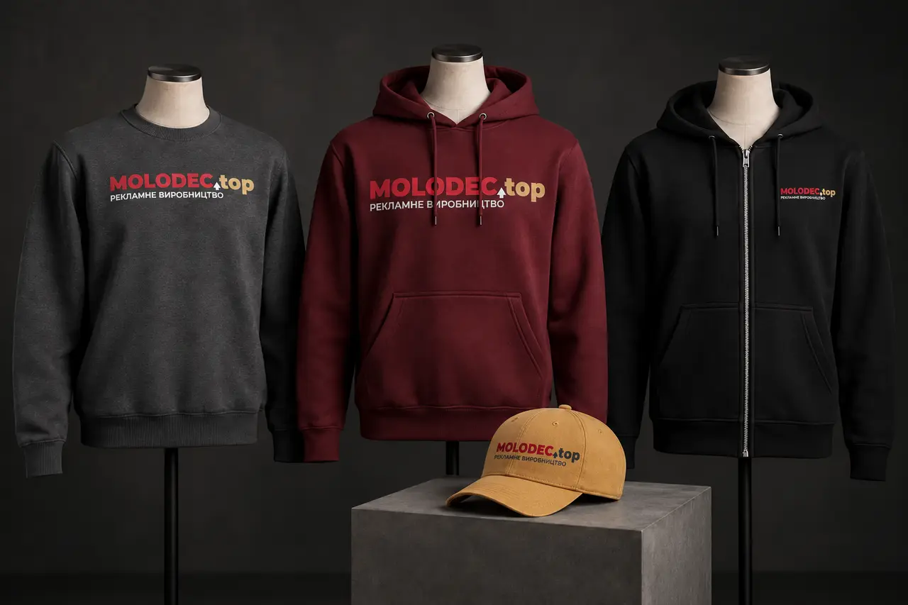 Світшот, худі та кепка з нанесенням логотипа MOLODEC.TOP