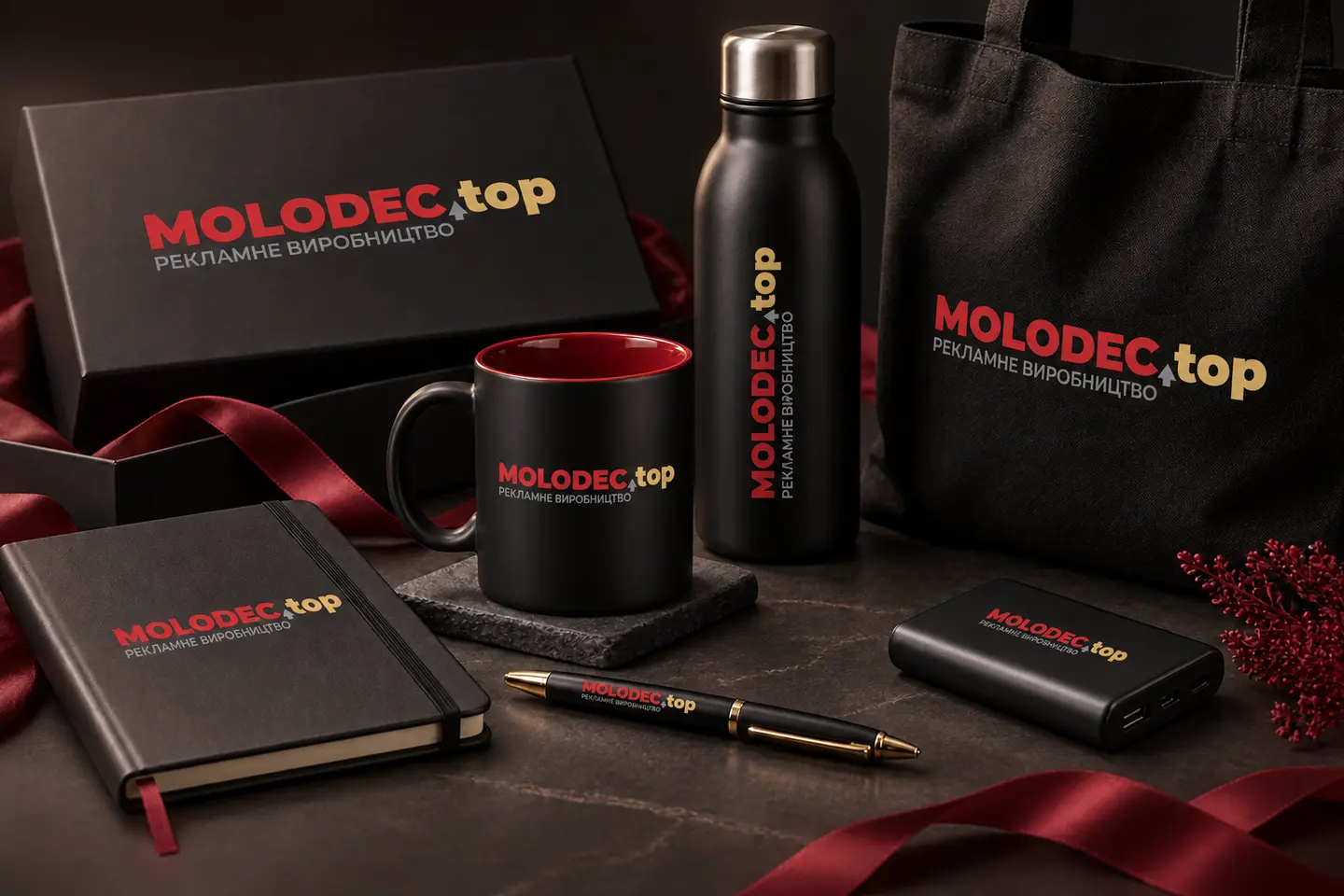 Корпоративний набір MOLODEC.TOP із чашкою, блокнотом, ручкою, пляшкою та шопером